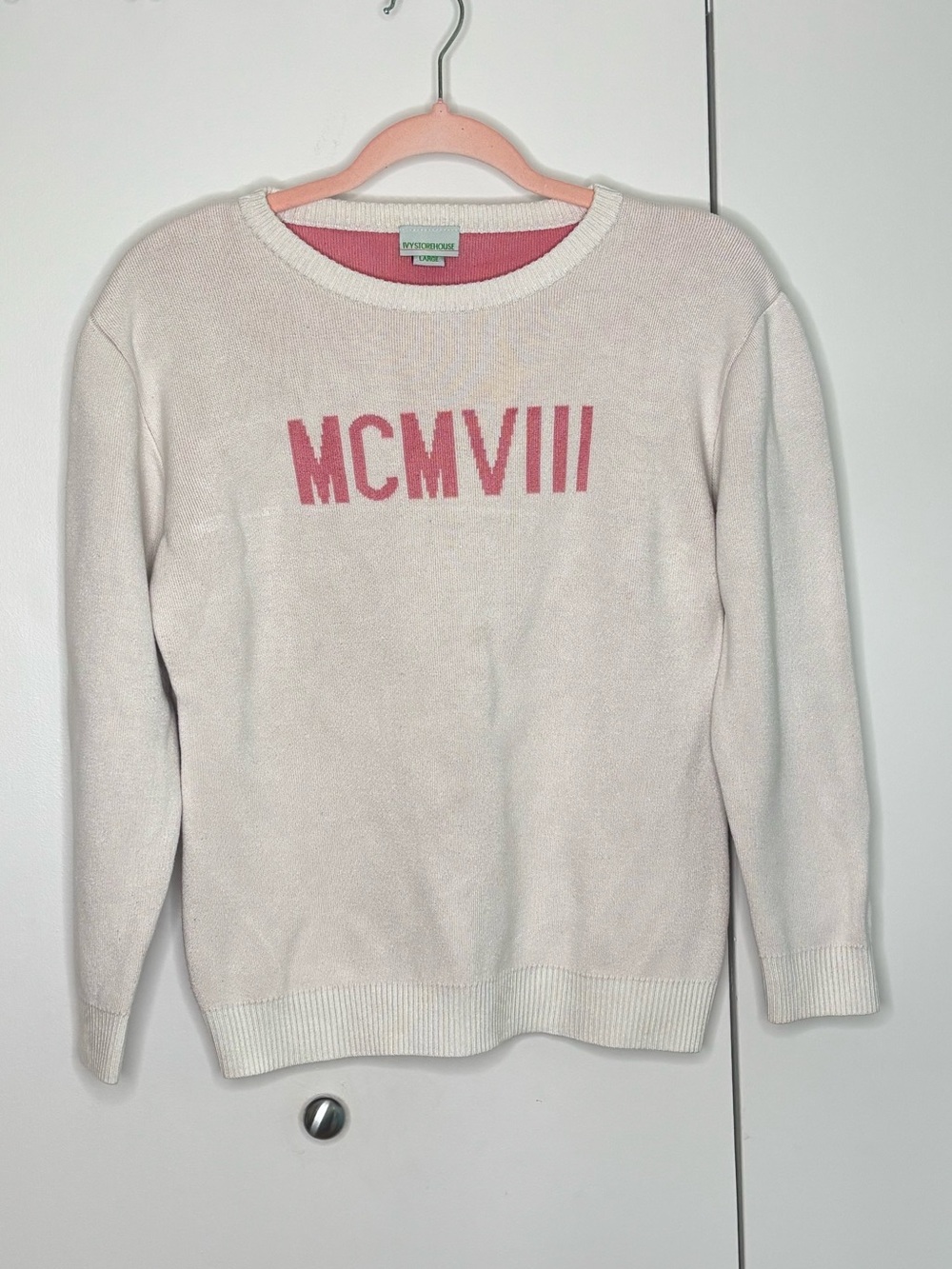 Ivy Storehouse Cream Sweater with Pink Roman numerals (MCMVIII = 1908) -Size L